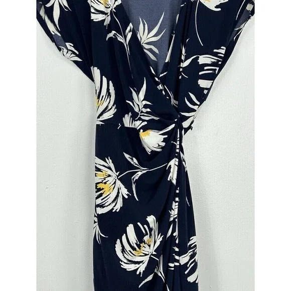 Maggy London Women Sz 8 Navy And Yellow Tropical Floral Cap Sleeve Wrap Dress N4 - Picture 5 of 11